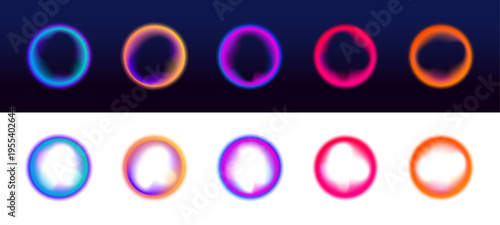 Neon liquid bubble creates glowing circle with layered gradient surface. Transparent png sphere reflects crystal light effects. Vector artwork presents floating glass shape with hologram shine.