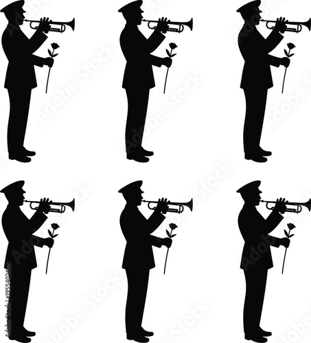 Military bugler silhouette set playing trumpet with memorial rose, ceremonial army musician honoring fallen soldiers remembrance vector illustration collection
