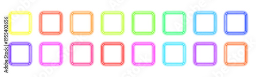 Neon square collection. Futuristic neon lights. Color glowing frames. Shiny light effects. Square electric LED frame with gradient and glow borders. Futuristic box layout in PNG. Vector illustration.