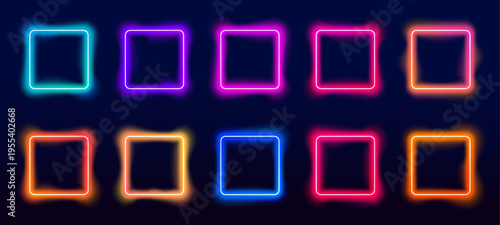 Square electric LED frame set with gradient, glow borders, box. Futuristic neon night lights. Color glowing frames. Shiny light effects. LED fluorescent laser on black background. Vector illustration