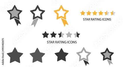 Star Rating Icons Collection: Five Stars Full, Partial, and Empty for Reviews