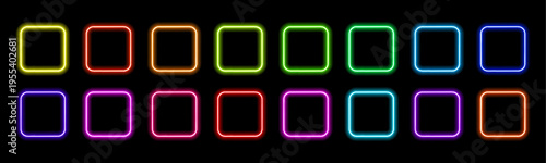 Square electric LED frame set with gradient, glow borders, box. Futuristic neon night lights. Color glowing frames. Shiny light effects. LED fluorescent laser on black background. Vector illustration