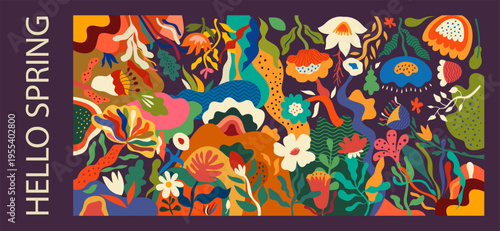 Flower background. Hello Spring design. Art print with flowers