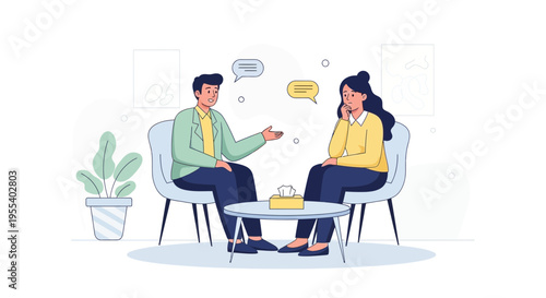 Therapy session, psychologist talking to patient, mental health support, conversation, stress relief