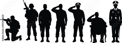 Military soldier silhouettes set with saluting army officers, armed forces personnel standing and kneeling with rifles isolated vector style collection