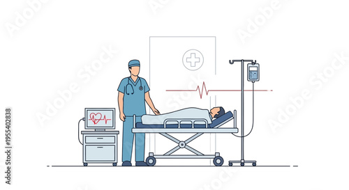 Doctor monitoring patient on hospital bed with EKG and IV drip, medical care concept