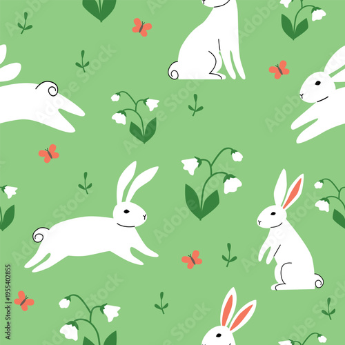 Easter seamless pattern with bunny, eggs, and flowers. Vector illustration