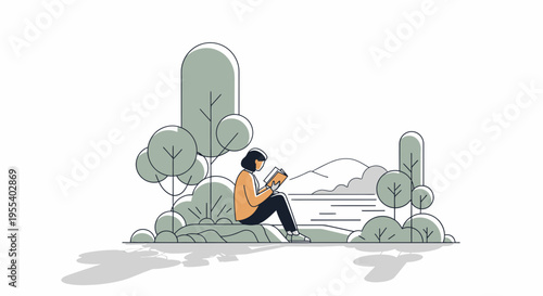 Young woman reading book outdoors by lake, surrounded by stylized trees and nature
