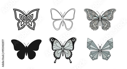 Abstract geometric butterfly silhouette ornate vintage origami polygonal and patterned style set