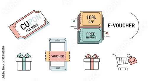 E-Voucher, Coupon, Discount, Free Shipping, Gift Box & Shopping Cart Icons