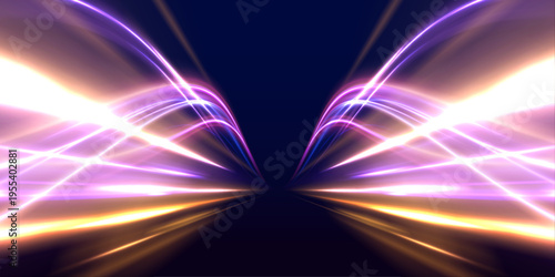 Neon laser color lines swirl through city road and highway traffic. Light blue, purple motion futuristic wave of energy and speed, forming a glowing trail along every line. Vector illustration.