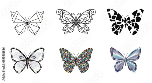 Origami polygonal mosaic stained glass watercolor iridescent butterfly vector art collection