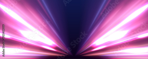 Neon laser blue lines swirl through city road, highway traffic at night. Purple light motion builds futuristic energy speed, while violet glow creates flowing trail in dark space. Vector illustration.