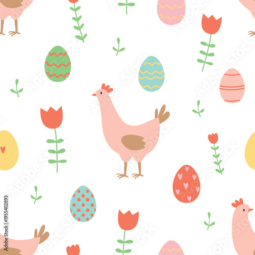 Easter seamless pattern with chickens, eggs, and flowers. Vector illustration