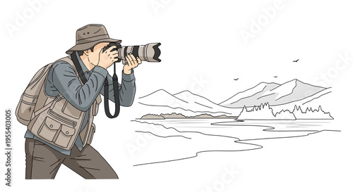 Nature Photographer Capturing Scenic Landscape with Mountains and Water