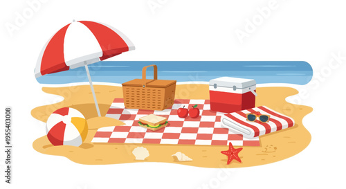 Summer Beach Picnic Scene: Umbrella, Cooler, Basket, Food, Towel, Ball, Seashells