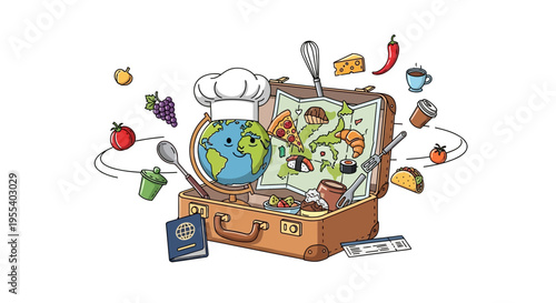 Culinary Travel Adventure: Globe, Suitcase, Map & Food Icons - Global Cuisine Exploration