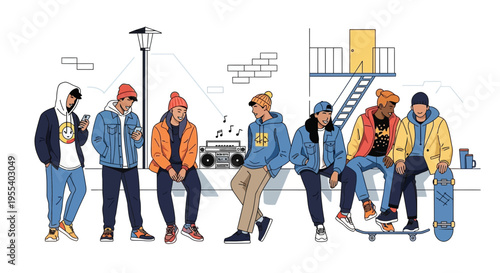 Diverse group of young men in streetwear, listening to music from a boombox, urban style illustration