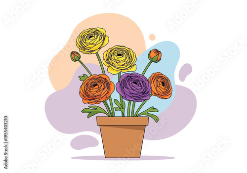 Colorful flowers in a pot on a vibrant background indoors