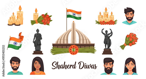 Illustration of Shaheed Diwas with patriotic symbols, flags, and tributes to Indian martyrs on a white background, conveying a sense of national pride and remembrance.