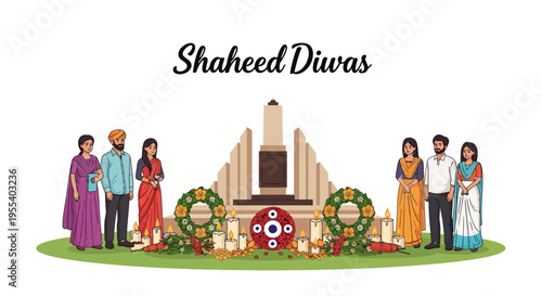 Illustration of diverse people paying tribute to martyrs on Shaheed Diwas with a monument and floral wreaths in a patriotic setting.