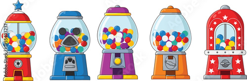 Retro gumball machine collection with colorful candy dispensers, vintage vending toys, sweet treat vector illustration isolated on white background design set