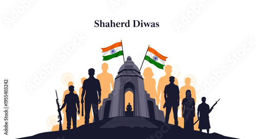 Illustration of silhouetted Indian freedom fighters with flags on Shaheed Diwas, a patriotic tribute to martyrs on National Martyrs Day in India.