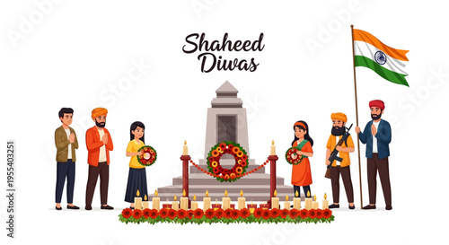 Illustration of people paying tribute to martyrs on Shaheed Diwas with Indian flag and floral wreaths in a patriotic setting.