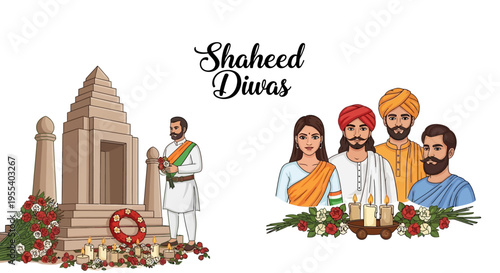 Illustration of people paying tribute to martyrs on Shaheed Diwas with floral arrangements and patriotic elements.