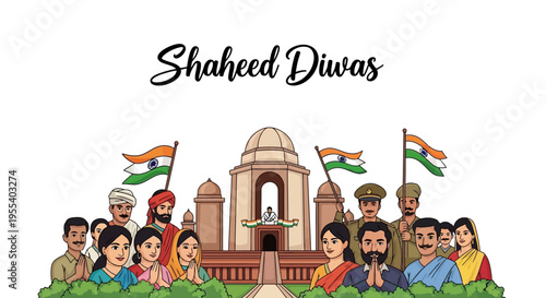 Illustration of diverse Indian people gathered in front of a monument, paying tribute on Shaheed Diwas with flags and patriotic fervor, conveying a sense of national pride and remembrance.