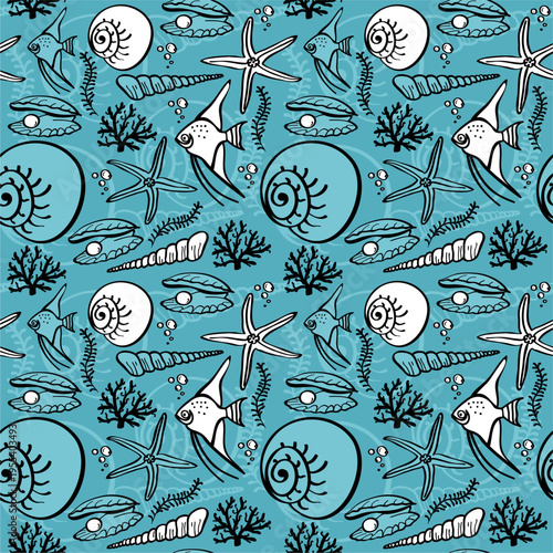 Sea seamless vector pattern. Marine life hand drawn pattern in doodle style