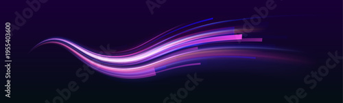 Violet light wave, tail energy speed, while blue glow, purple trail create swirl motion. Futuristic neon laser motion line city highway, road traffic in dark atmosphere. Vector illustration.