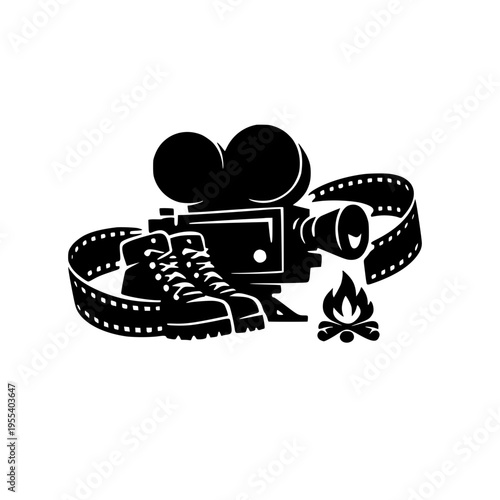 Film Camera with Film Strip and Hiking Boot