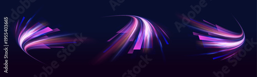 Neon laser lines swirl through city road, highway traffic at night. Blue light wave, tail motion, speed, while purple energy, violet trail form luminous flow in dark scene. Vector illustration.