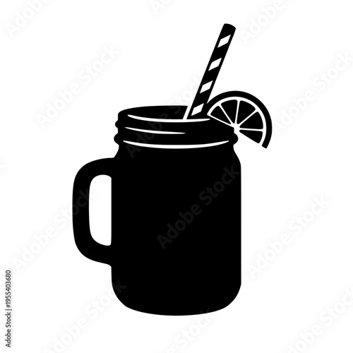 Black Silhouette of Mason Jar with Lemon and Straw