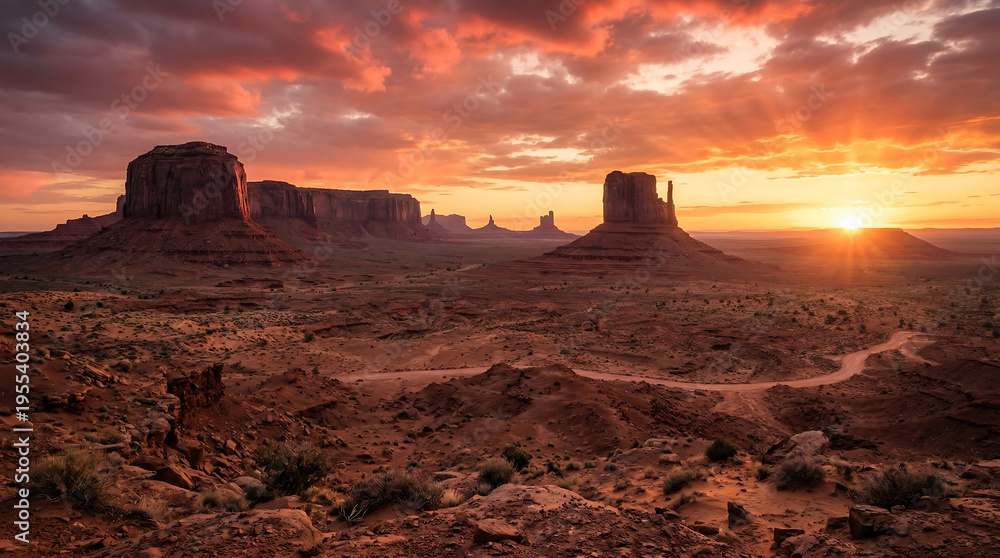 Naklejka premium Dramatic desert landscape featuring towering sandstone buttes against a vibrant orange and red sunset sky over rugged terrain.