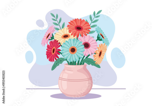 Colorful flowers arranged in a pink vase on a table indoors