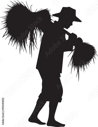 Traditional farmer carrying harvest bundle shoulder silhouette vector illustration line art