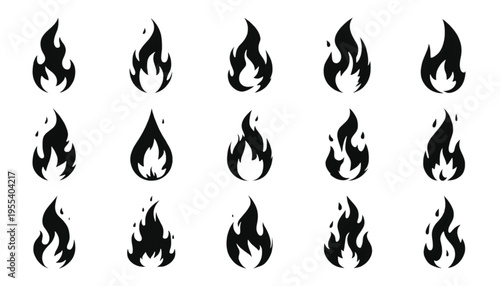 Fifteen distinct black flame icons display variations in shape and intensity for fire representation.