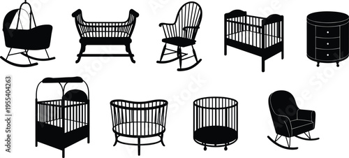 Baby nursery furniture silhouettes collection including crib, cradle, bassinet, rocking chair, dresser and infant beds isolated vector set for nursery design projects