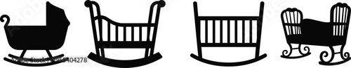 Baby cradle and rocking chair silhouettes set with vintage nursery furniture icons for newborn sleep, childcare and parenting design