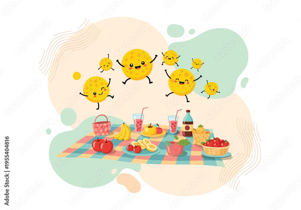 Naklejka premium Smiling suns dance above a colorful outdoor picnic spread on a blanket