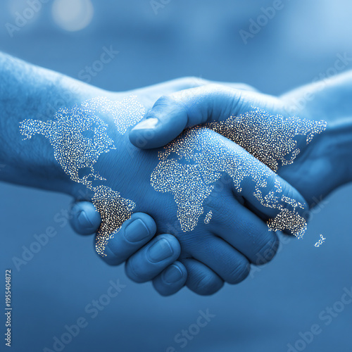 Handshake icon with global map network connections on blue background, partnership and collaboration concept
