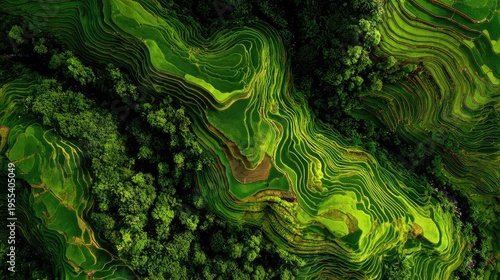 Aerial View of Lush Green Rice Terraces Surrounded by Dense Forests, Capturing the Intricate Patterns of Nature's Landscape in a Vibrant Setting
