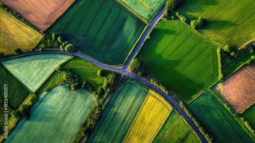 Aerial View of Vibrant Agricultural Fields with Geometric Patterns of Green, Yellow, and Brown Crops under a Bright Sky in Rural Landscape
