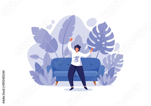 A woman dances energetically on a blue couch surrounded by lush tropical leaves and plants indoors.