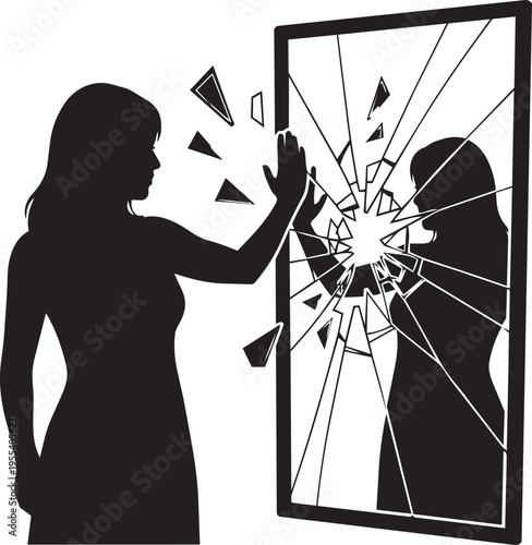 Broken Mirror Reflection Self Identity Psychology Concept Woman Illustration Vector Design.