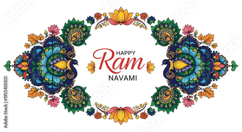 A vibrant Happy Ram Navami illustration featuring intricate floral patterns and colorful mandalas on a white background, conveying a festive and celebratory mood with bold typography.