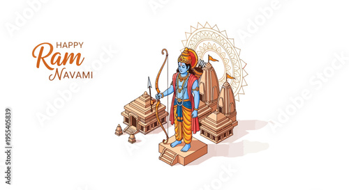 Illustration of Lord Rama standing heroically with a bow and arrow on a decorative pedestal, surrounded by traditional Indian temple architecture, with a bright and festive atmosphere for