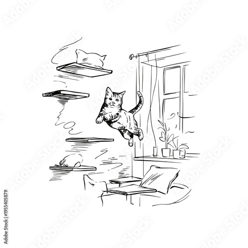 Playful Tabby Cat in Wall-Mounted Playground